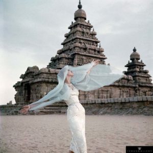 Irish-American fashion model Barbara Mullen at the Shore Temple at Mahabalipuram in India photographed for Vogue magazine in November 1956.